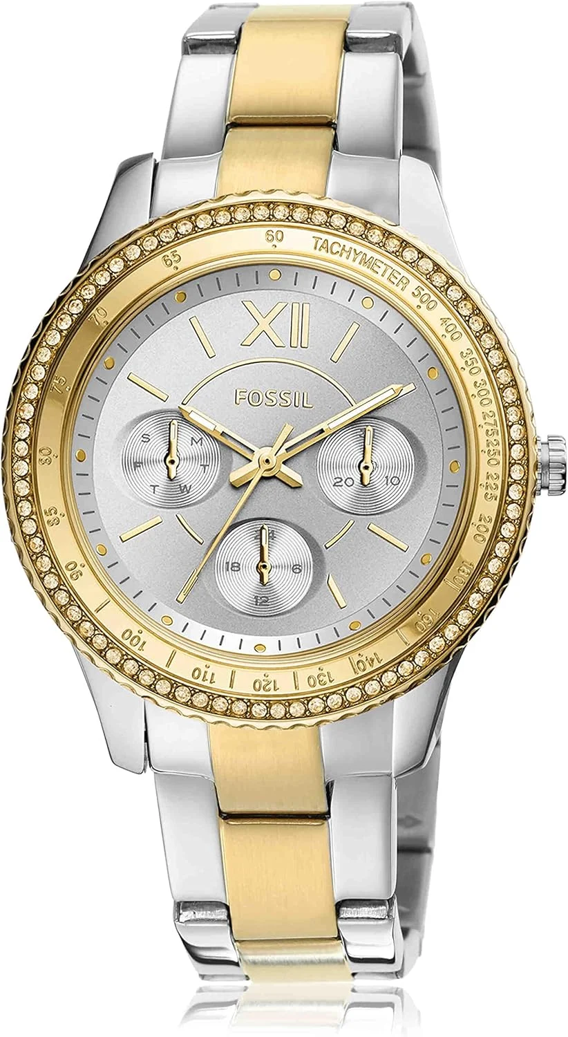 ساعت مچی زنانه فسیل استلا اسپرت کوارتز استیل ضد زنگ چند منظوره، رنگ: طلایی/نقره ای (مدل: ES5107)
