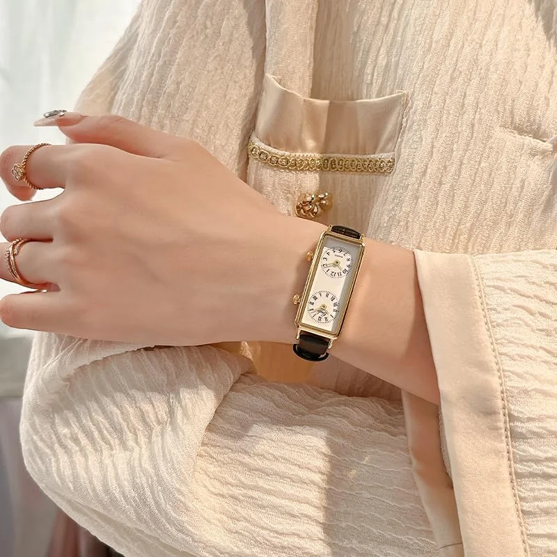 ساعت مچی مستطیلی زنانه وینتیج Gosasa، دو زمانه، ضد آب، کوارتز آنالوگ با دو صفحه نمایش، اعداد رومی و عربی، بند چرمی مناسب سفر و کار