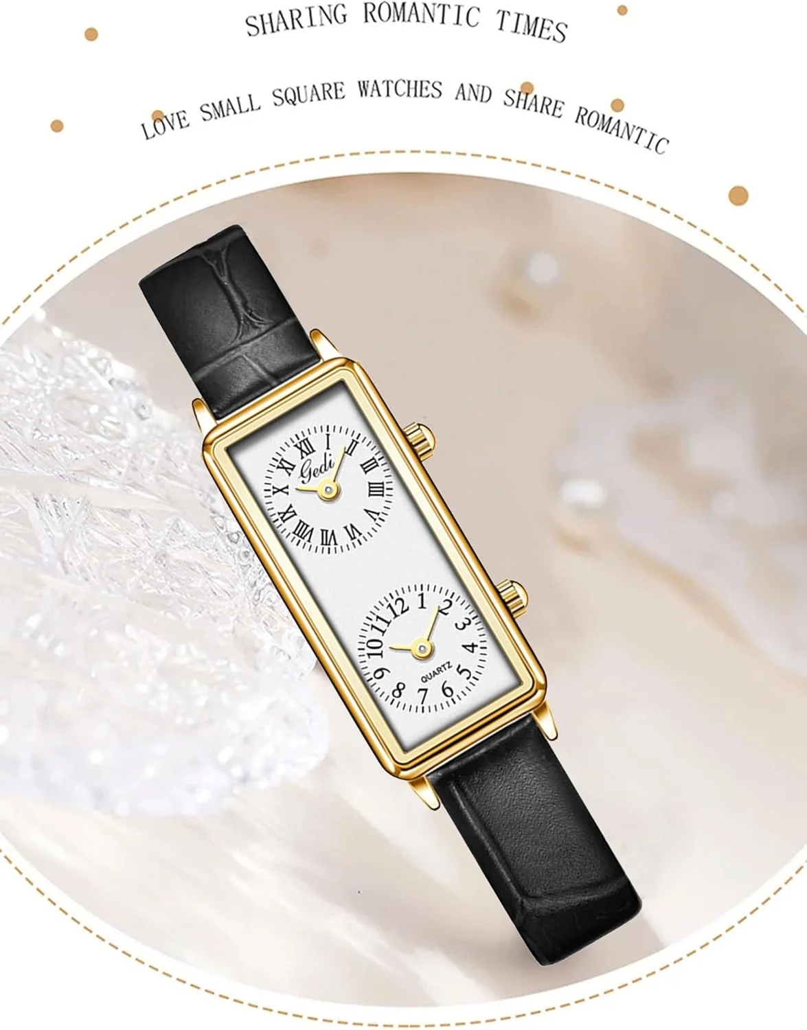 ساعت مچی مستطیلی زنانه وینتیج Gosasa، دو زمانه، ضد آب، کوارتز آنالوگ با دو صفحه نمایش، اعداد رومی و عربی، بند چرمی مناسب سفر و کار