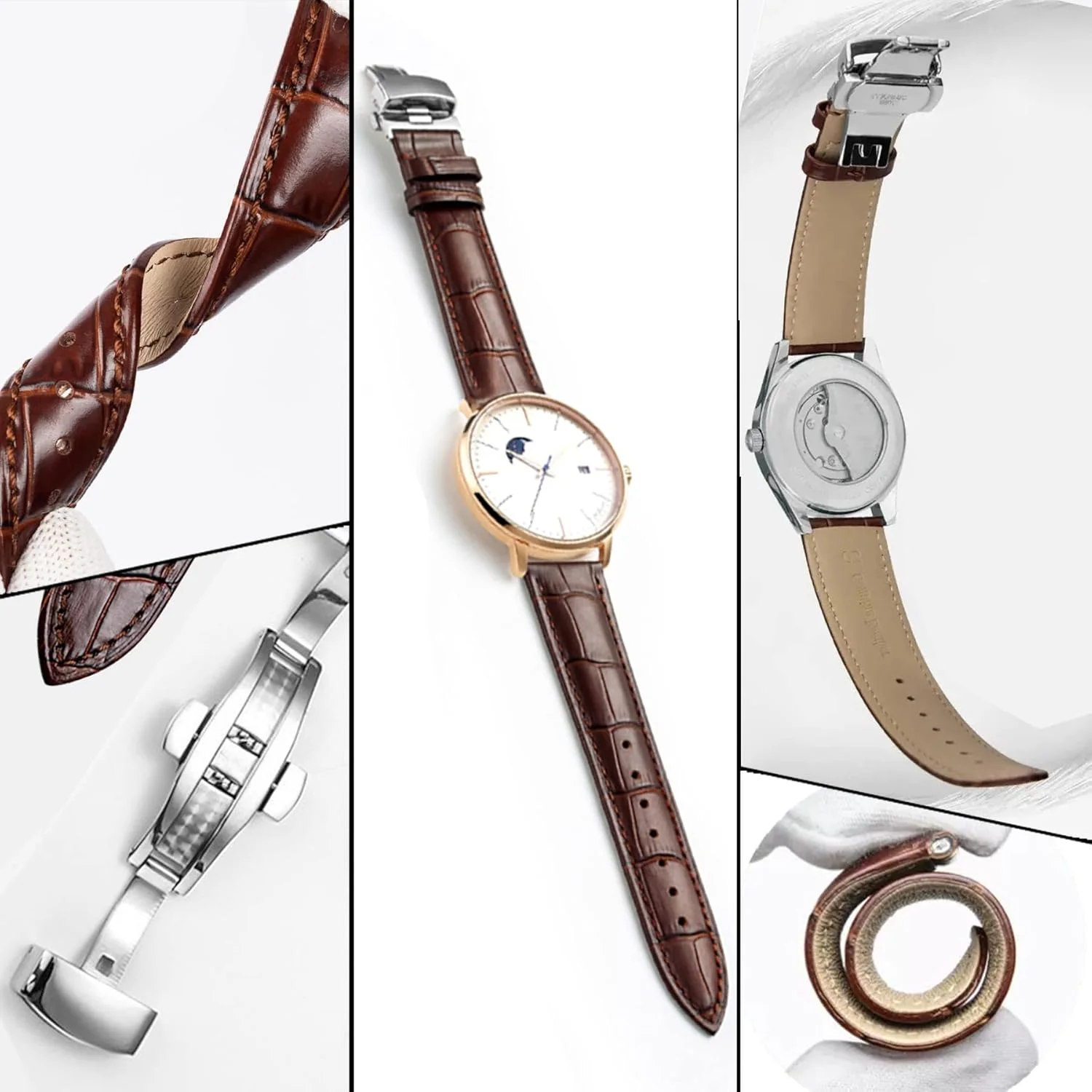 بند ساعت چرمی اصل طرح پوست تمساح با قفل پروانه‌ای برای مردان و زنان، دست‌ساز