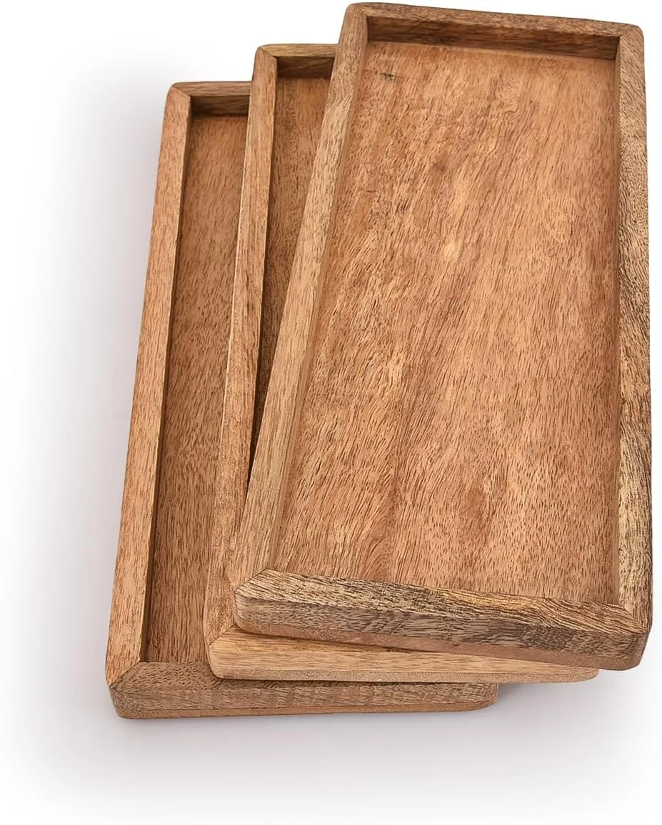 سینی سرو چوبی انبه سامیتا با لبه برجسته - ست 3 عددی برای نمایش میوه، تنقلات، پیش غذا، سوشی، غذای تزئینی (30.5cm x 12.7cm x 1.9cm)