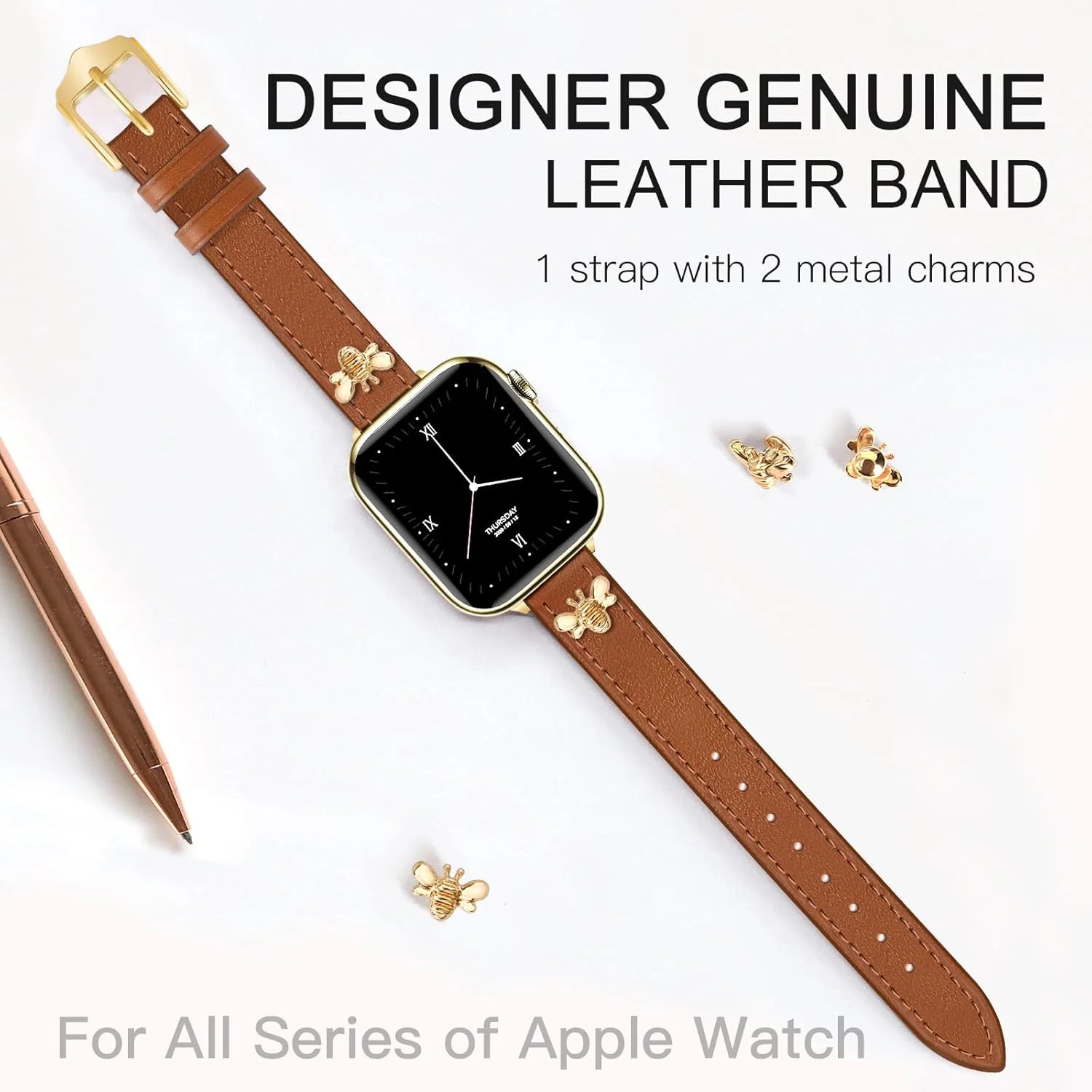 بند چرمی باریک JR.DM سازگار با بند اپل واچ 38mm 40mm 41mm 42mm 44mm 45mm 49mm، بند ساعت چرمی اصل با آویز، طراحی زنانه برای iWatch Ultra SE و سری 9 8 7 6 5 4 3 2 1