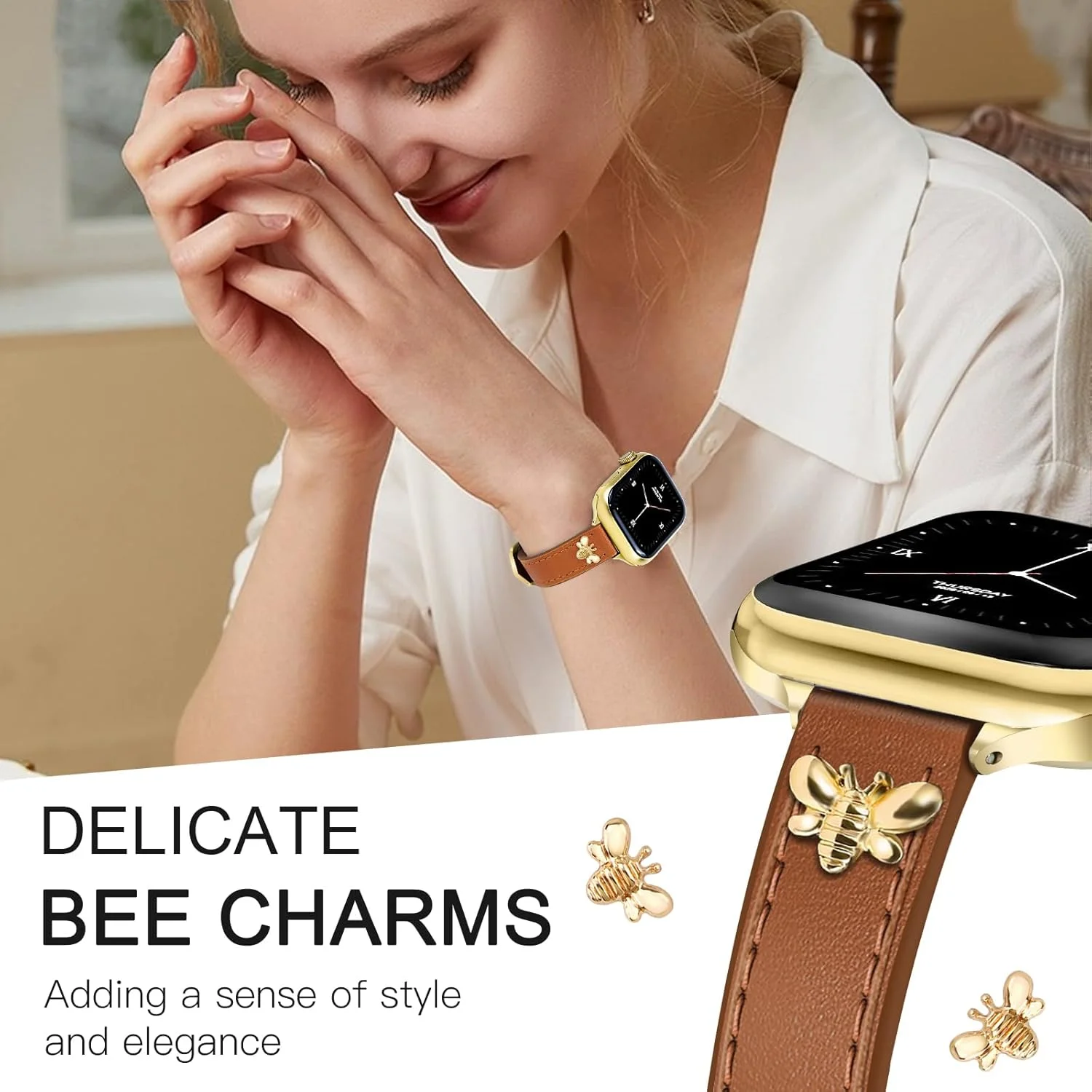 بند چرمی باریک JR.DM سازگار با بند اپل واچ 38mm 40mm 41mm 42mm 44mm 45mm 49mm، بند ساعت چرمی اصل با آویز، طراحی زنانه برای iWatch Ultra SE و سری 9 8 7 6 5 4 3 2 1