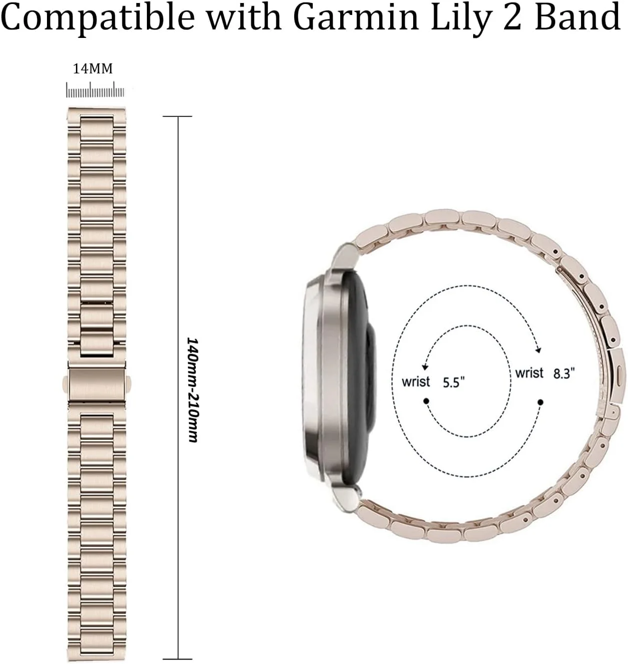 دستبند فلزی Issinlky برای Garmin Lily 2، بند استیل ضد زنگ 14 میلی متری برای Garmin Lily 2 زنانه