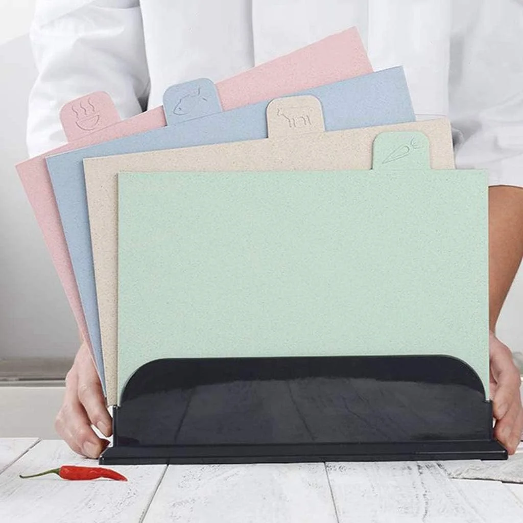 تخته برش XIAOQIU، مجموعه تخته خردکن رنگی کدگذاری شده 4 عددی، تخته آشپزخانه ضد لغزش برای آماده سازی غذا، تخته برش گرد، تخته تاشو