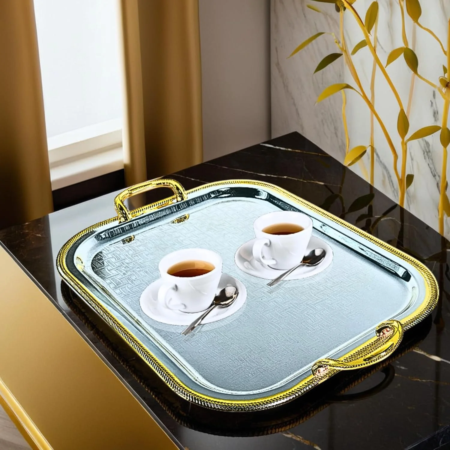 WT-EASYCARE Chrome-Plated Silver/Gold Serving Tray with Handles – Rectangular Steel Tray with Mirrored Finish, Multi-Purpose for Buffet, Dining, Living Room, Bedroom Décor & Gifting, 47x37.5cm (LxW)