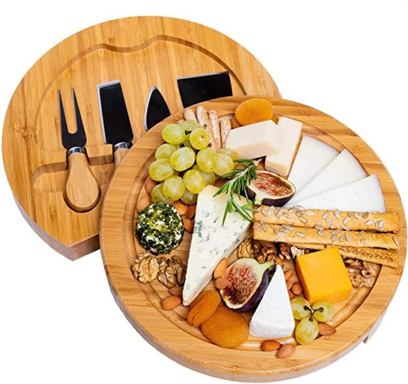 تخته پنیر بامبو گرد YASAHNG و ست چاقو، سینی سرو تخته گوشت، انتخاب عالی برای جشن کریسمس، عروسی، تولد، سالگرد تخته پنیر بامبو گرد YASAHNG و ست چاقو، سینی سرو تخته گوشت، انتخاب عالی برای جشن کریسمس، عروسی، تولد، سالگرد