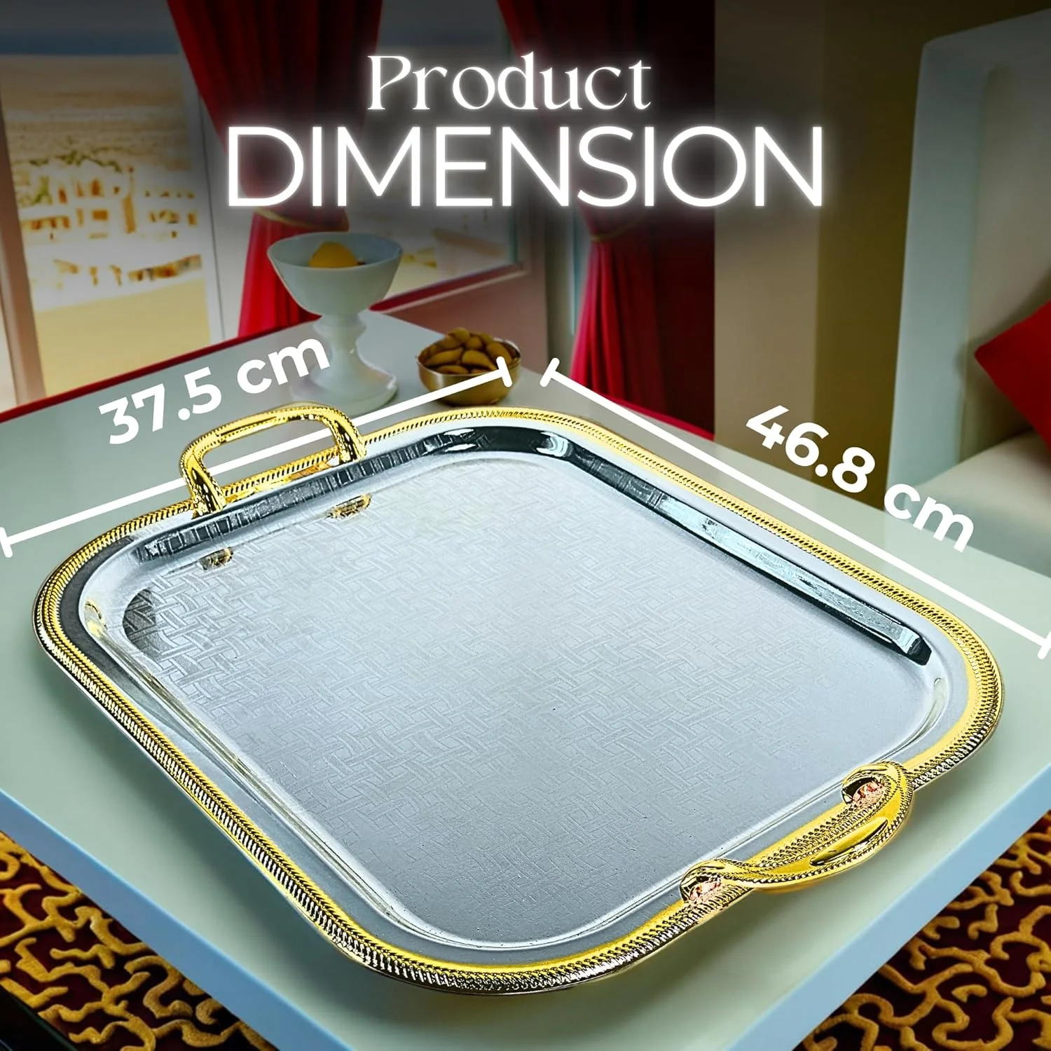 WT-EASYCARE Chrome-Plated Silver/Gold Serving Tray with Handles – Rectangular Steel Tray with Mirrored Finish, Multi-Purpose for Buffet, Dining, Living Room, Bedroom Décor & Gifting, 47x37.5cm (LxW)