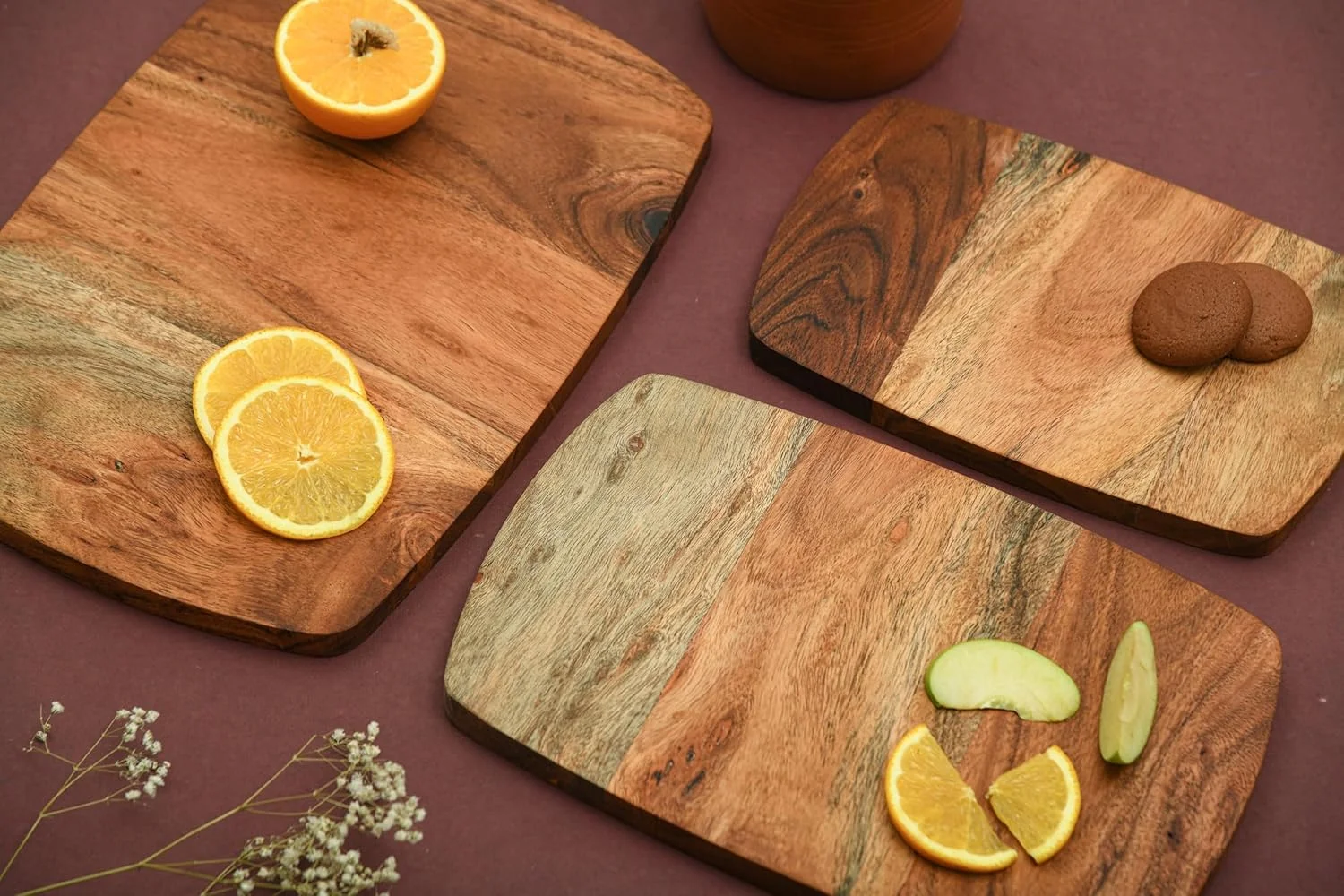 سری تخته برش WOODLERY، تخته برش چوبی اقاقیا برای آشپزخانه، تخته سرو چوبی جامد، ست ارگانیک 3 تایی تخته چوبی، 34.5x23 سانتی متر، 30x19.8 سانتی متر، 24.4x16.5 سانتی متر