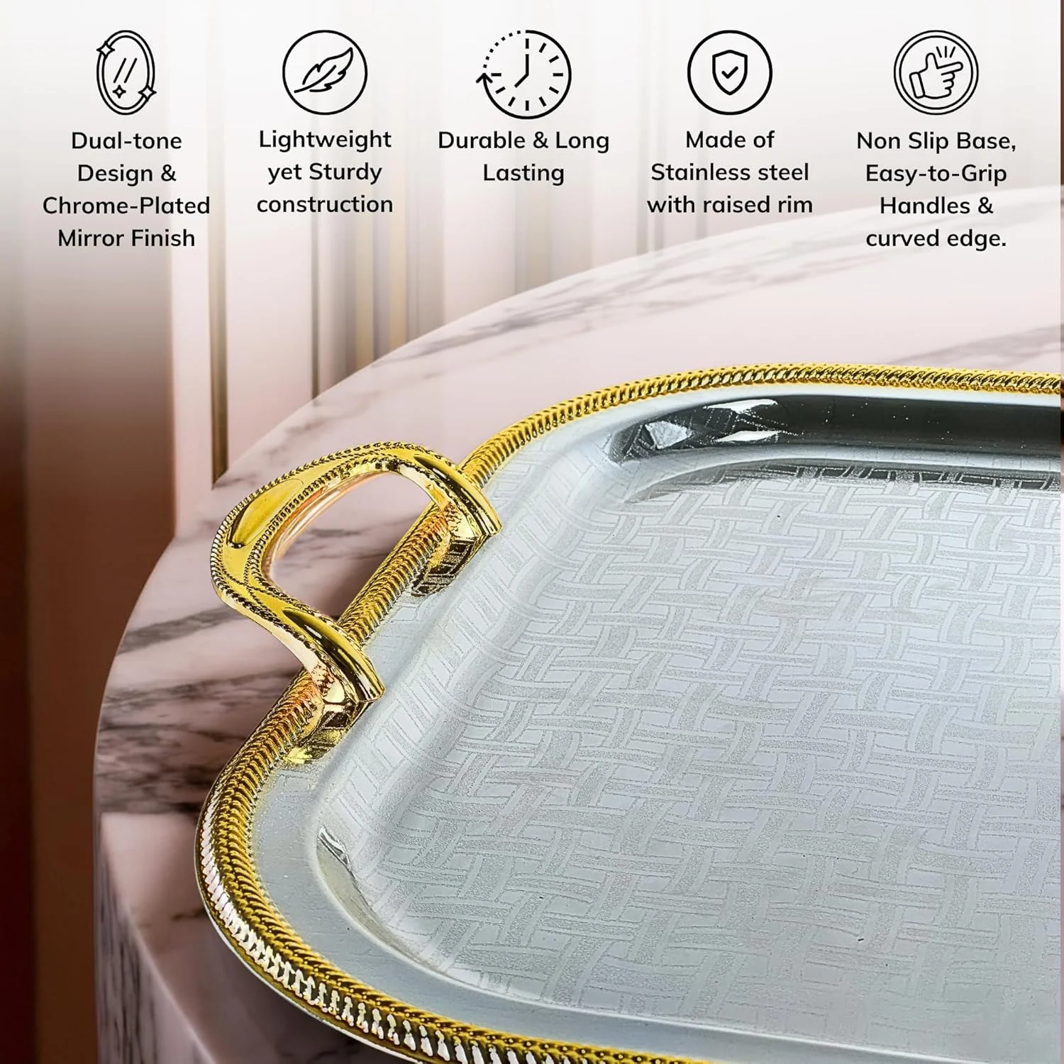 WT-EASYCARE Chrome-Plated Silver/Gold Serving Tray with Handles – Rectangular Steel Tray with Mirrored Finish, Multi-Purpose for Buffet, Dining, Living Room, Bedroom Décor & Gifting, 47x37.5cm (LxW)