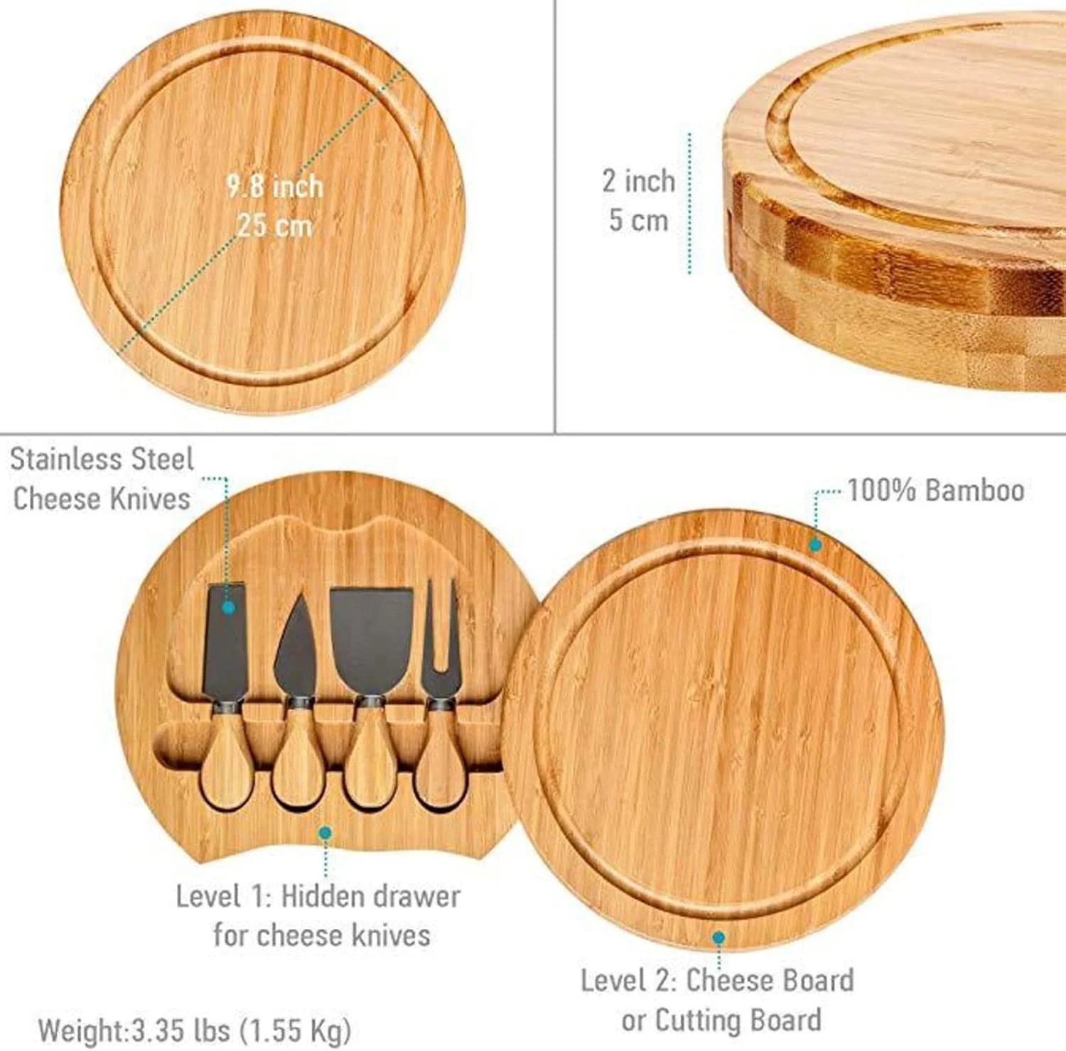 تخته پنیر بامبو گرد YASAHNG و ست چاقو، سینی سرو تخته گوشت، انتخاب عالی برای جشن کریسمس، عروسی، تولد، سالگرد