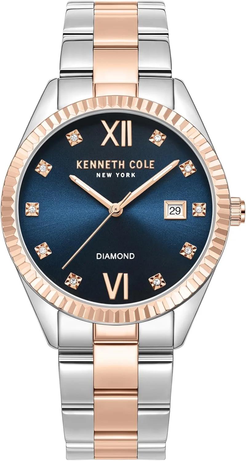 ساعت مچی آنالوگ زنانه Kenneth Cole New York با صفحه آبی و بند استیل دو رنگ، سایز 36 میلی متر
