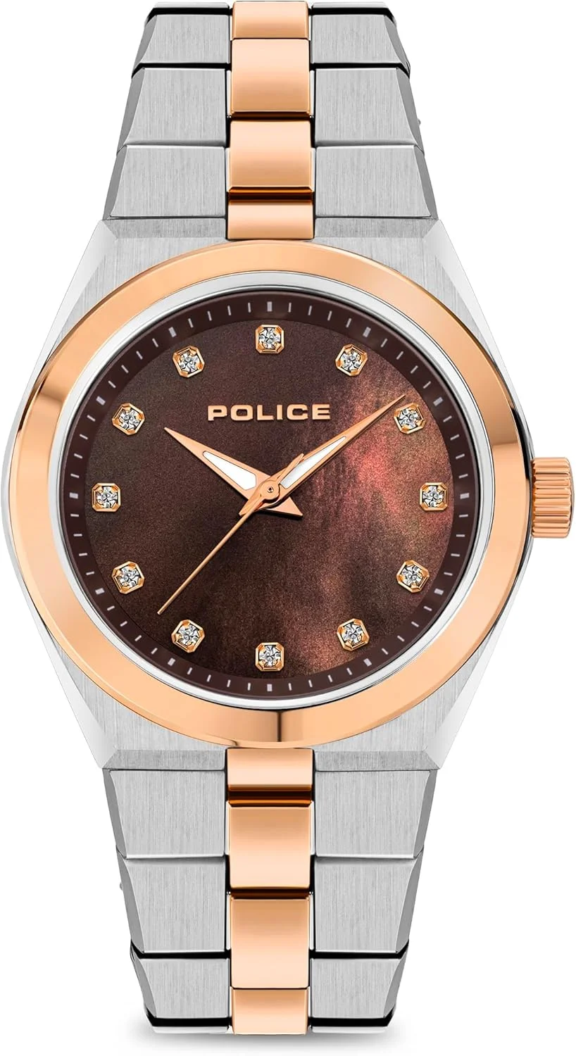 ساعت مچی زنانه آنالوگ پلیس Vogue با صفحه صدف قهوه ای و بند استیل نقره ای و رزگلد