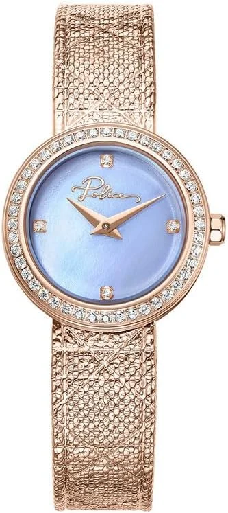 ساعت مچی زنانه پلیس مدل فلیر با صفحه صدف آبی روشن، زه طلایی رزگلد و دستبند حصیری 26 میلی متری
