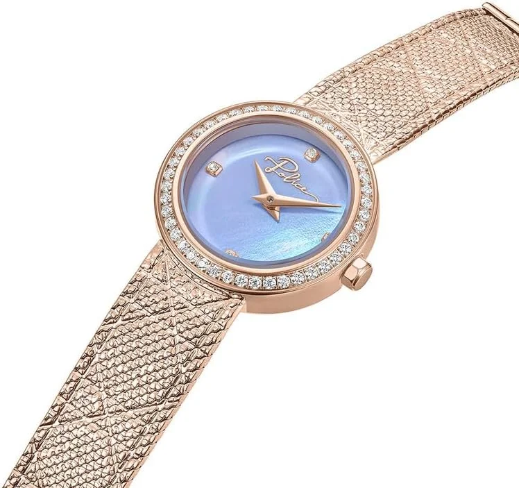 ساعت مچی زنانه پلیس مدل فلیر با صفحه صدف آبی روشن، زه طلایی رزگلد و دستبند حصیری 26 میلی متری