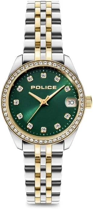 ساعت مچی زنانه پلیس مدل Urban با صفحه سبز و دستبند نقره ای و طلایی، سایز 28 میلی متر