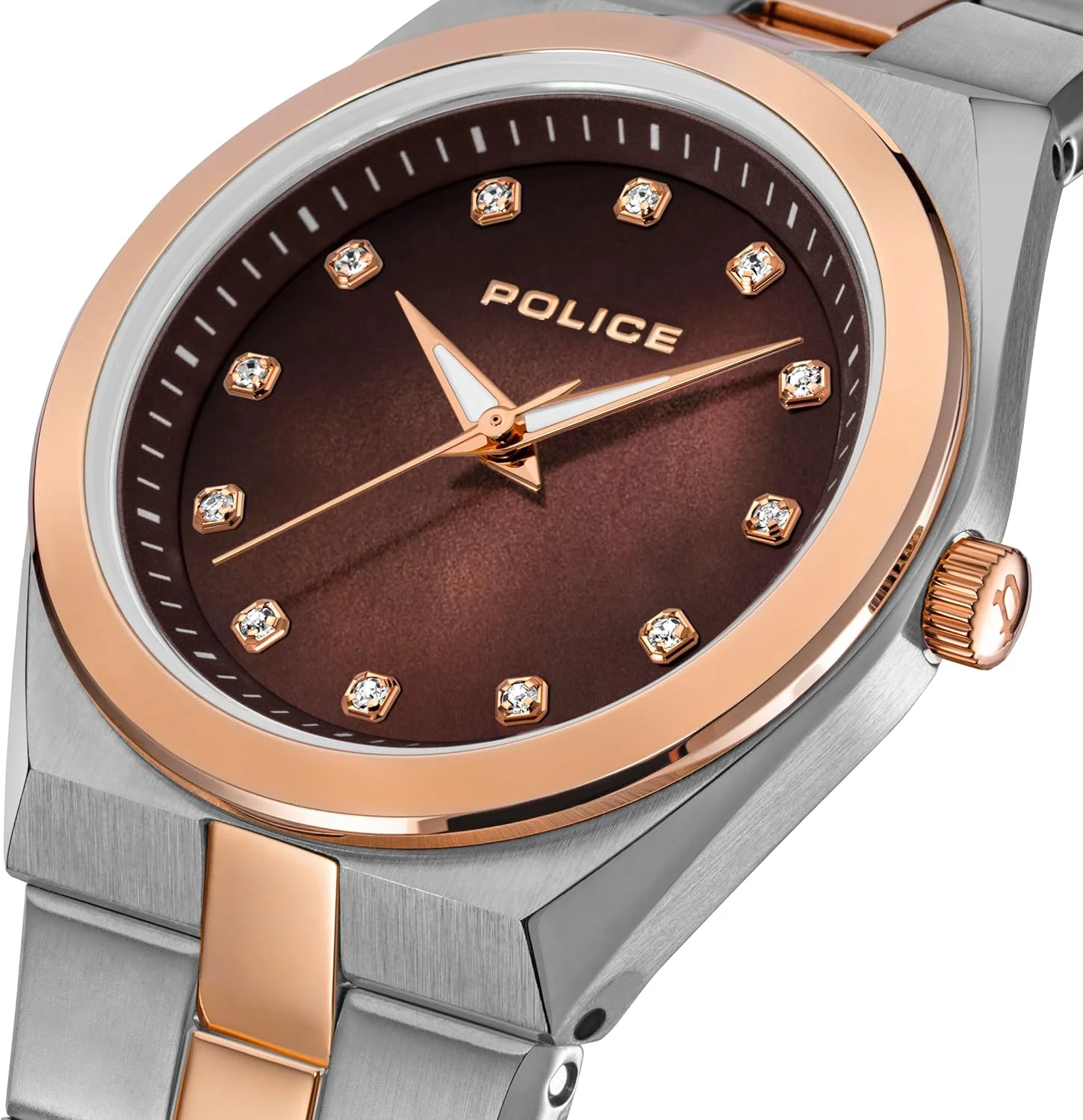 ساعت مچی زنانه آنالوگ پلیس Vogue با صفحه صدف قهوه ای و بند استیل نقره ای و رزگلد