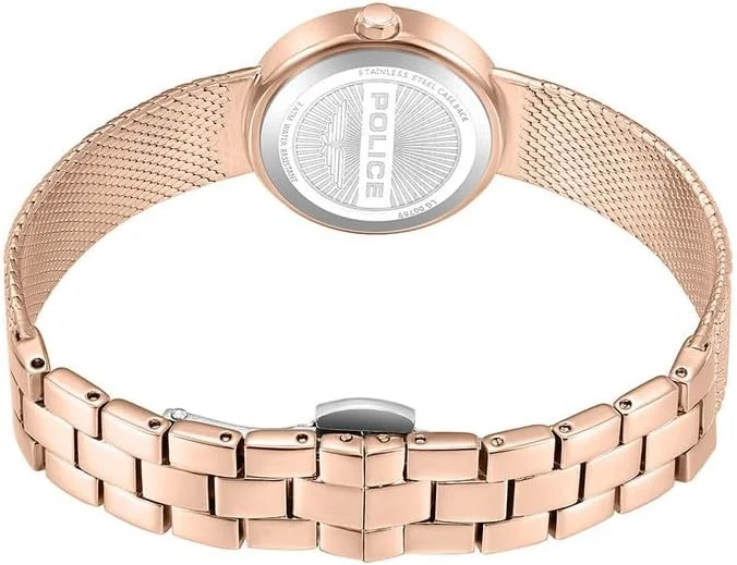 ساعت مچی زنانه پلیس مدل فلیر با صفحه صدف آبی روشن، زه طلایی رزگلد و دستبند حصیری 26 میلی متری