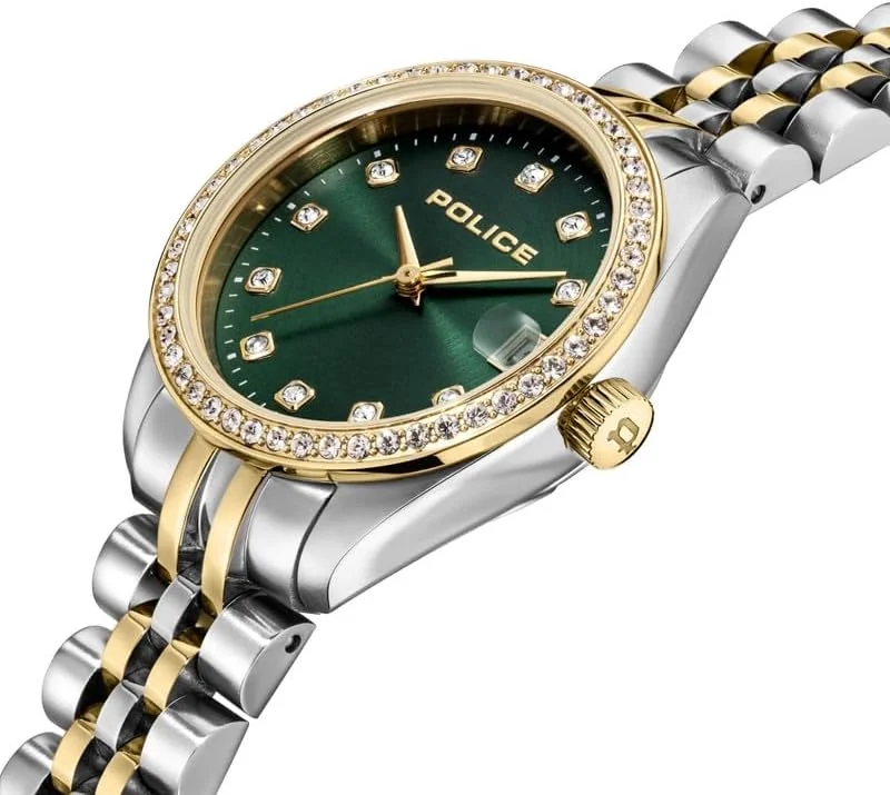 ساعت مچی زنانه پلیس مدل Urban با صفحه سبز و دستبند نقره ای و طلایی، سایز 28 میلی متر