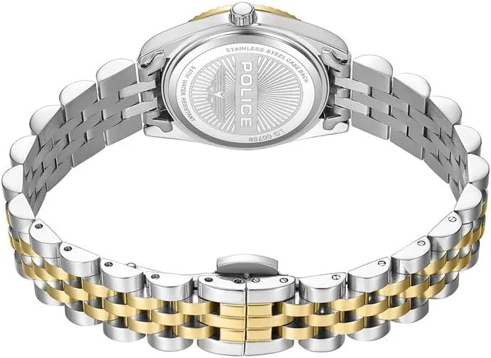 ساعت مچی زنانه پلیس مدل Flute با صفحه صدف سفید، زه طلایی سکه ای و بند استیل ضد زنگ 316L