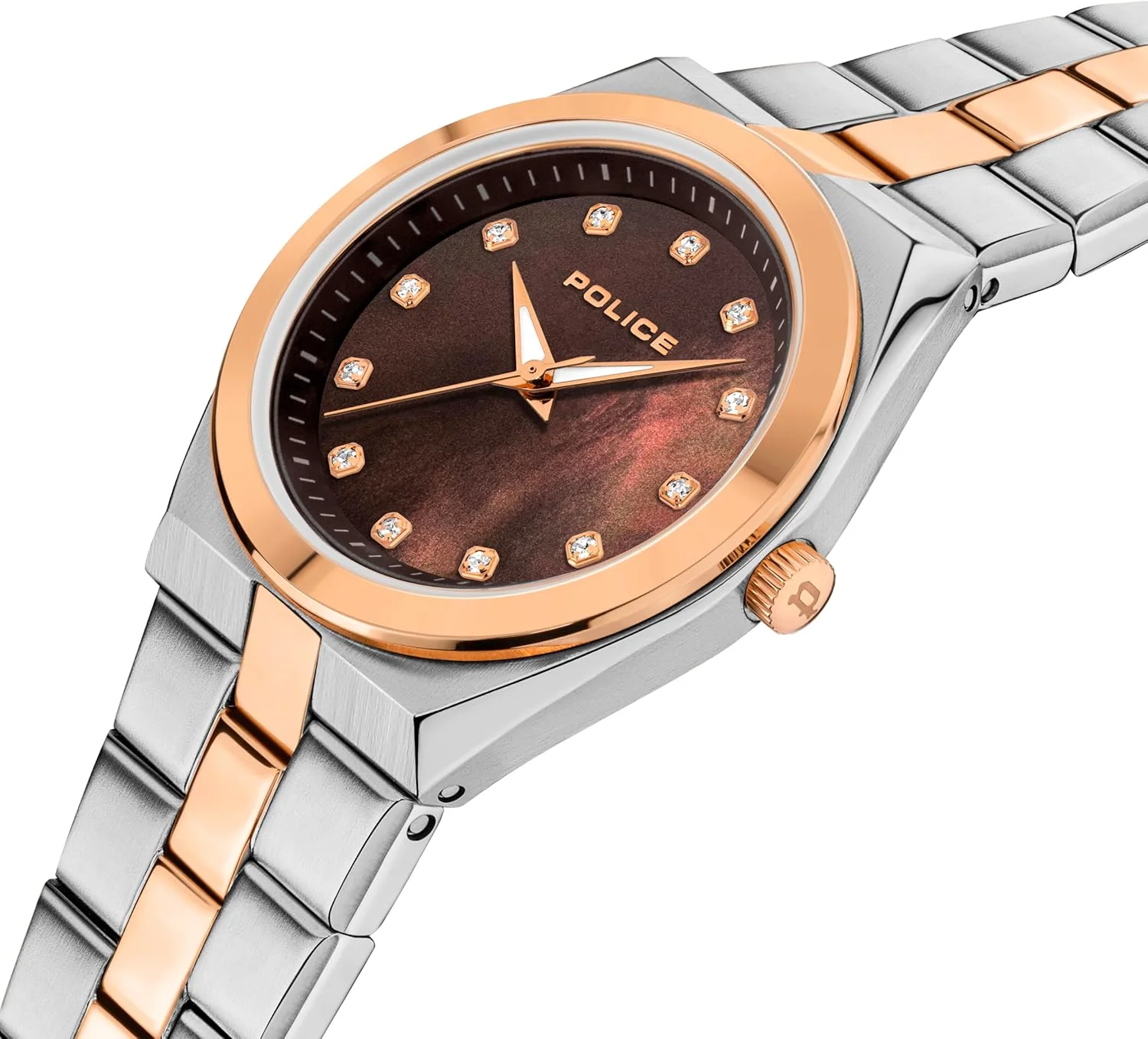 ساعت مچی زنانه آنالوگ پلیس Vogue با صفحه صدف قهوه ای و بند استیل نقره ای و رزگلد