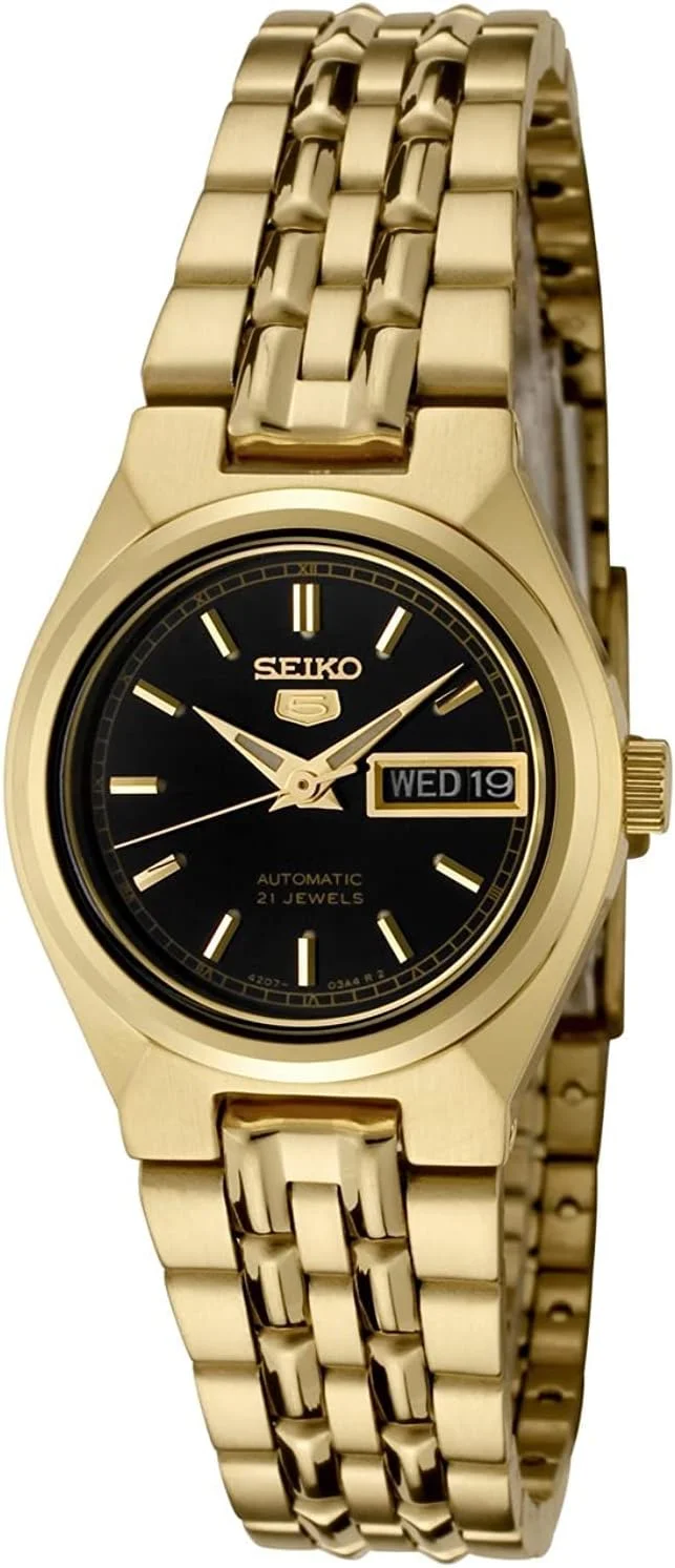 ساعت مچی زنانه سیکو SYMA06K Seiko 5 اتوماتیک صفحه مشکی استیل ضد زنگ با روکش طلایی