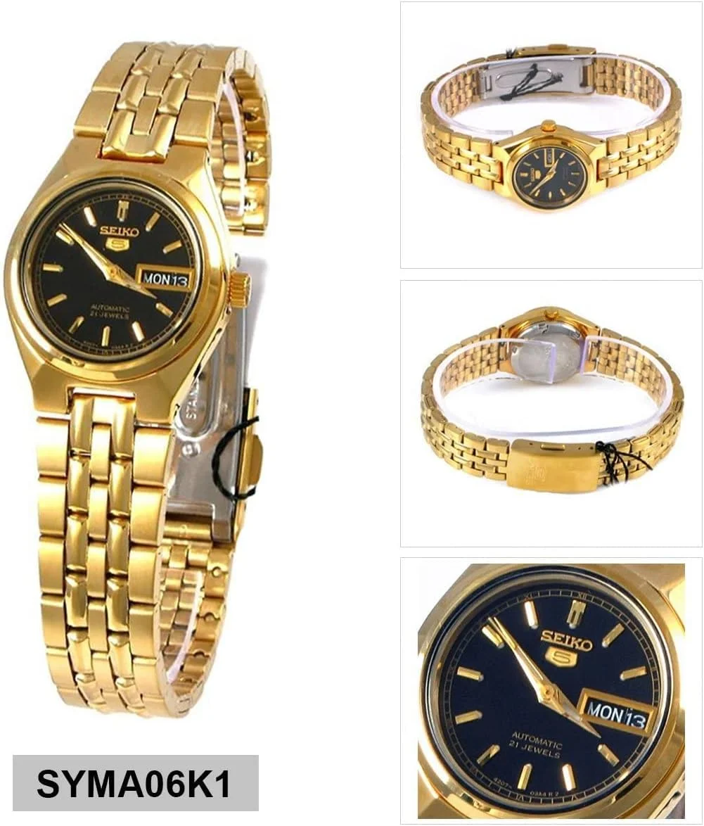 ساعت مچی زنانه سیکو SYMA06K Seiko 5 اتوماتیک صفحه مشکی استیل ضد زنگ با روکش طلایی ساعت مچی زنانه سیکو SYMA06K Seiko 5 اتوماتیک صفحه مشکی استیل ضد زنگ با روکش طلایی