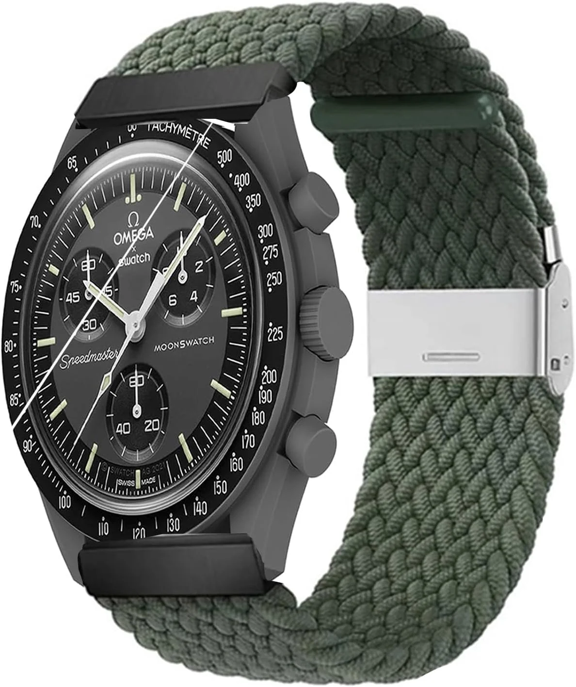 بند سازگار با Moonswatch، بند الاستیک نایلونی بافته شده تکی ورزشی کشسان، جایگزین دستبند مچی زنانه مردانه سازگار با امگا X سواچ Moonswatch Speedmaster