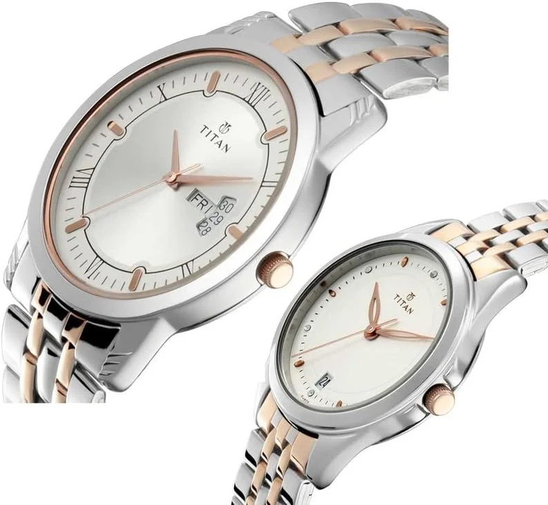 ساعت مچی ست تایتان بندان صفحه نقره ای سفید بند استیل