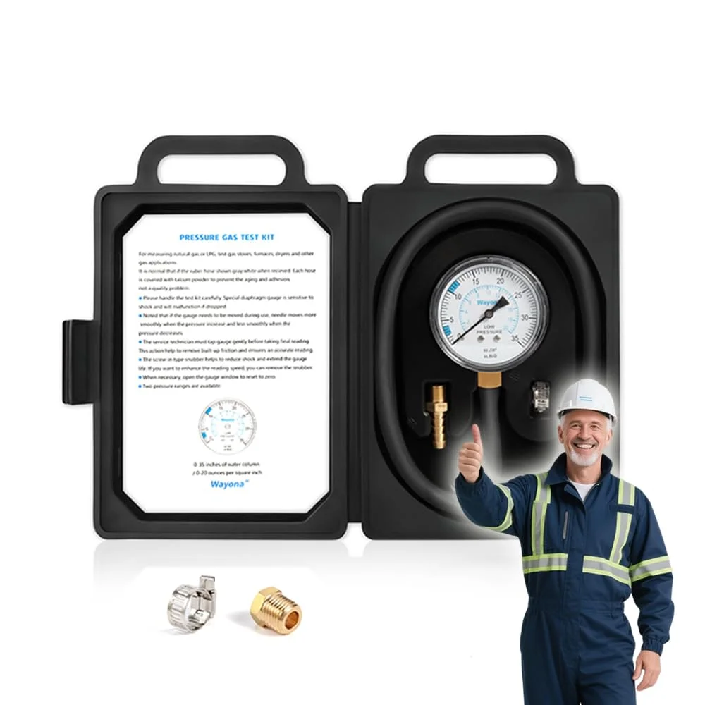 فشارسنج مانومتر Wayona، 1/4" و 1/8" NPT، 0-35 "W.C.، کیت گیج تست فشار منیفولد گاز طبیعی/گاز مایع، شیلنگ 40 اینچی، اتصال دهنده برنجی