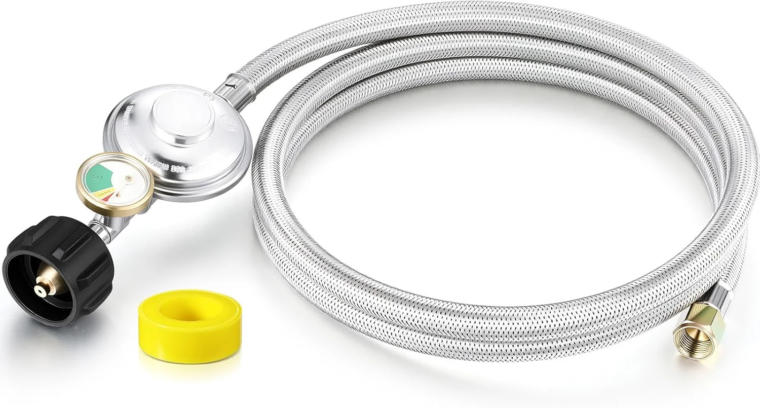 شیلنگ پروپان Vicenpal با روکش استیل بافته شده و گیج، آداپتور مخزن پروپان Qcc1 با گیج برای بخاری گازی Lp و میز آتشدان (1.8 متر)