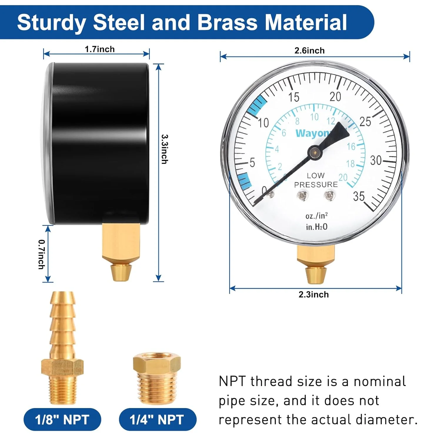 فشارسنج مانومتر Wayona، 1/4" و 1/8" NPT، 0-35 "W.C.، کیت گیج تست فشار منیفولد گاز طبیعی/گاز مایع، شیلنگ 40 اینچی، اتصال دهنده برنجی