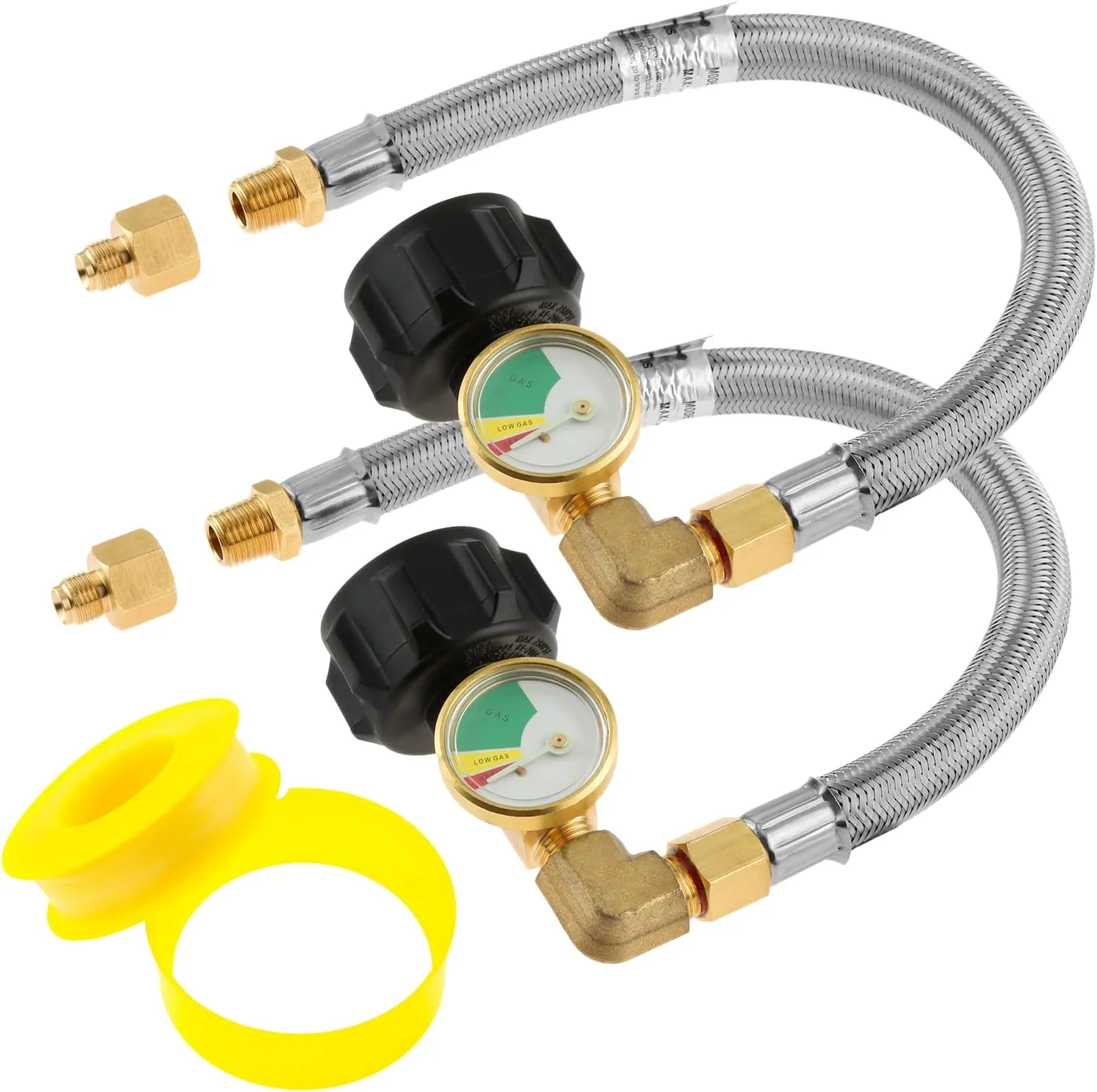 شیلنگ پروپان استیل RV TEENGSE بسته 2 عددی با گیج، شیلنگ گاز RV بافته شده 12 اینچی، شیلنگ دنباله پروپان، 1/4 اینچ NPT نر + 1/4 اینچ شعله ور نر معکوس برای تنظیم کننده دو مرحله ای استاندارد کمپر