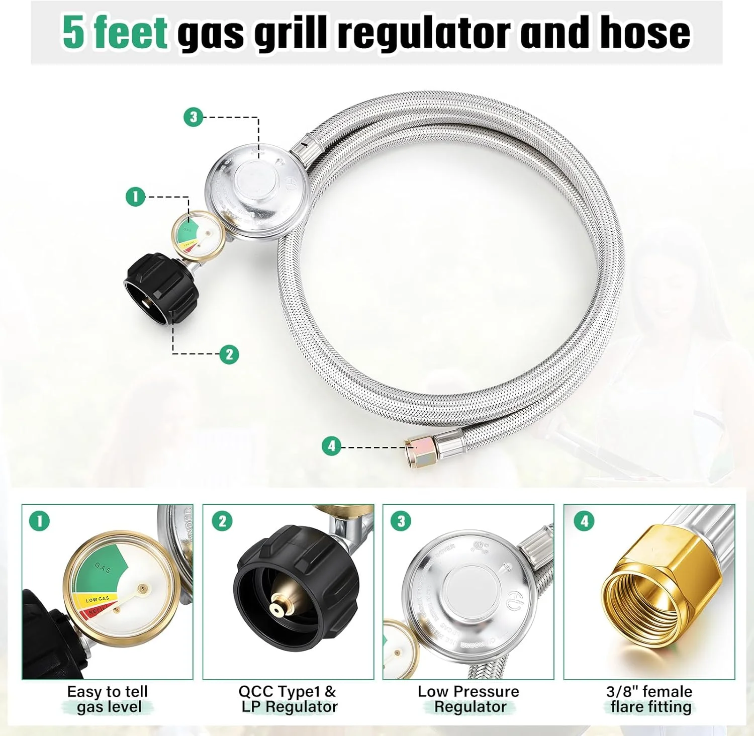 شیلنگ پروپان Vicenpal با روکش استیل بافته شده و گیج، آداپتور مخزن پروپان Qcc1 با گیج برای بخاری گازی Lp و میز آتشدان (1.8 متر)