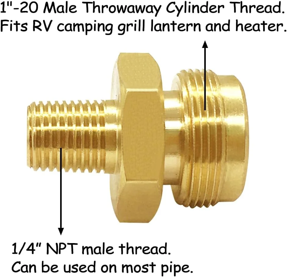 آداپتور گاز پروپان برنجی Uenede، 1/4 اینچ NPT نر به 1 اینچ-20 رزوه سیلندر یکبار مصرف نر، برای کمپینگ، کباب پز، فانوس و بخاری RV