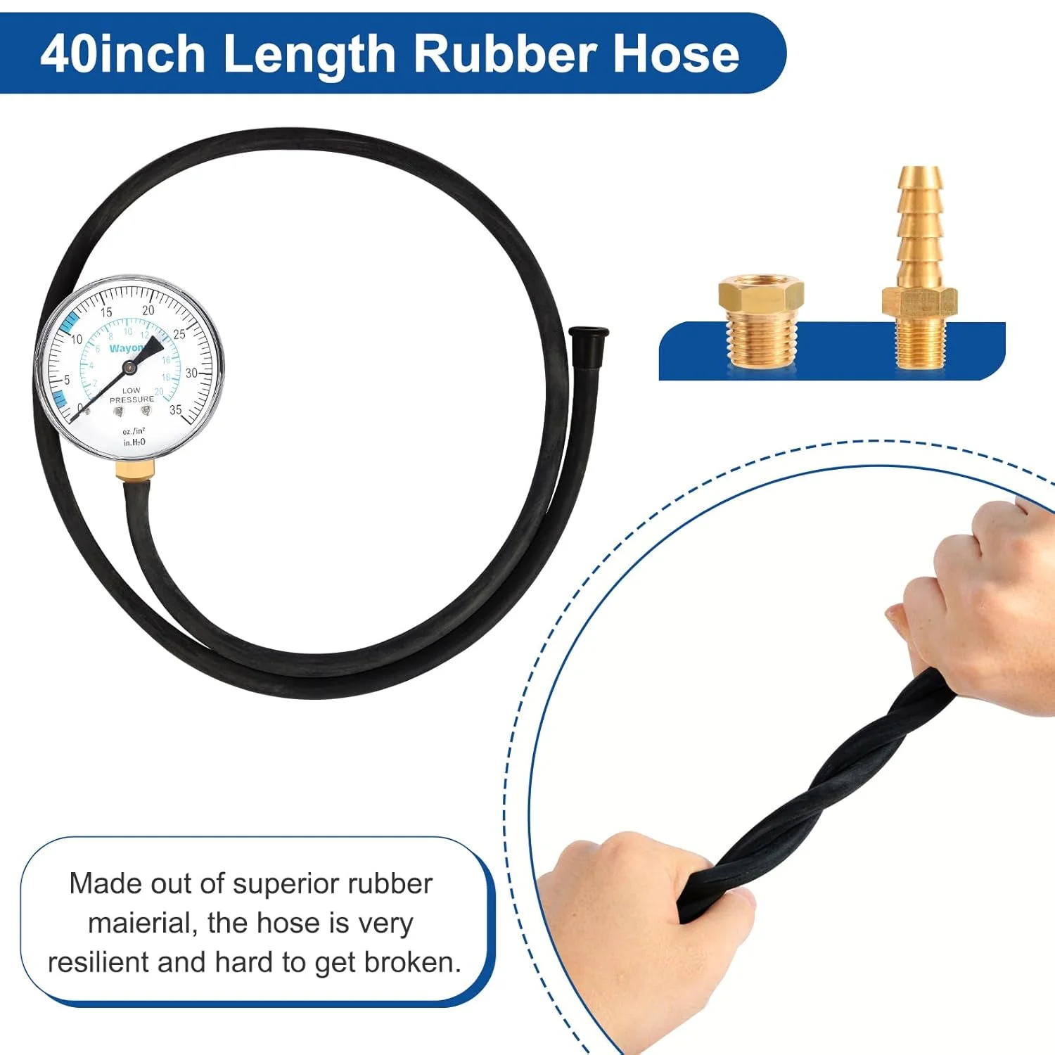 فشارسنج مانومتر Wayona، 1/4" و 1/8" NPT، 0-35 "W.C.، کیت گیج تست فشار منیفولد گاز طبیعی/گاز مایع، شیلنگ 40 اینچی، اتصال دهنده برنجی