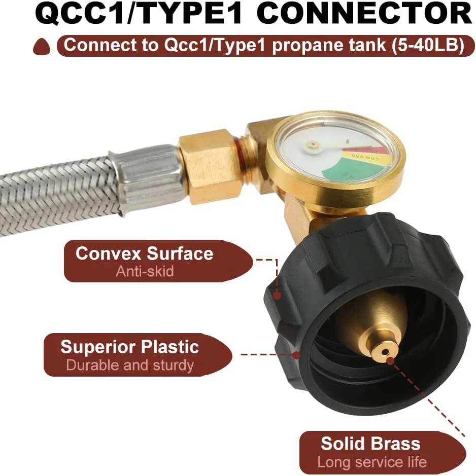 شیلنگ پروپان استیل RV TEENGSE بسته 2 عددی با گیج، شیلنگ گاز RV بافته شده 12 اینچی، شیلنگ دنباله پروپان، 1/4 اینچ NPT نر + 1/4 اینچ شعله ور نر معکوس برای تنظیم کننده دو مرحله ای استاندارد کمپر