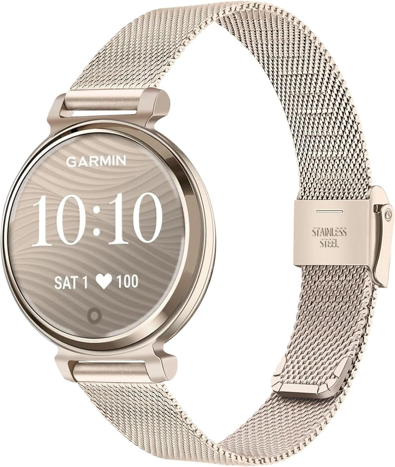 دستبند جایگزین زنانه TRUMiRR برای ساعت هوشمند Garmin Lily 2، دستبند فلزی استیل ضد زنگ توری، بند ساعت اسپرت طلایی کرم فقط برای Garmin Lily 2