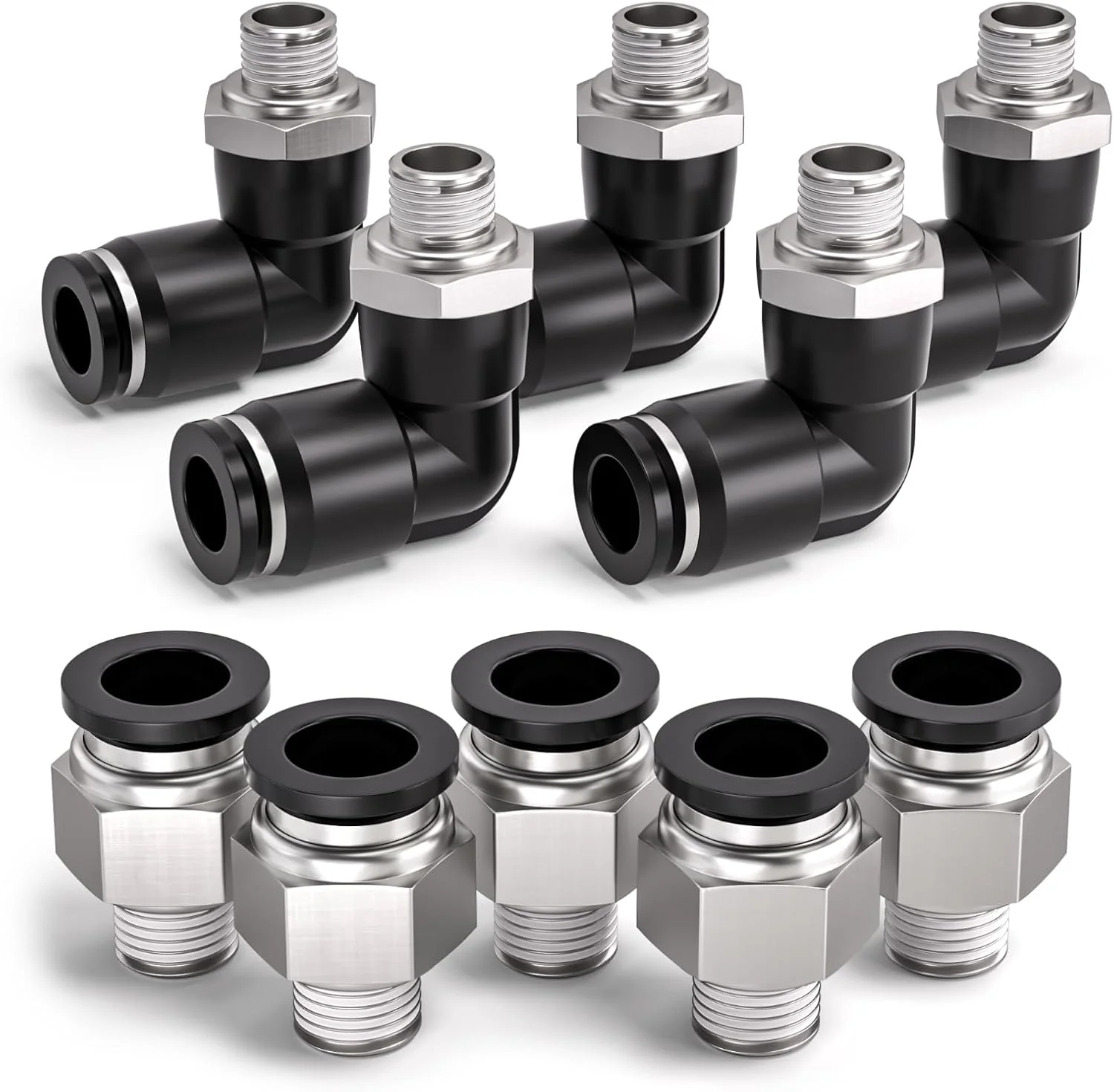 اتصالات پنوماتیک فشاری Bwintech، 10 عدد، لوله 10 میلی‌متری به رزوه 1/8 اینچ BSP نر، مستقیم و زانویی 90 درجه، مدل PL10-01/PC10-01، آداپتور خط هوای رهاسازی سریع