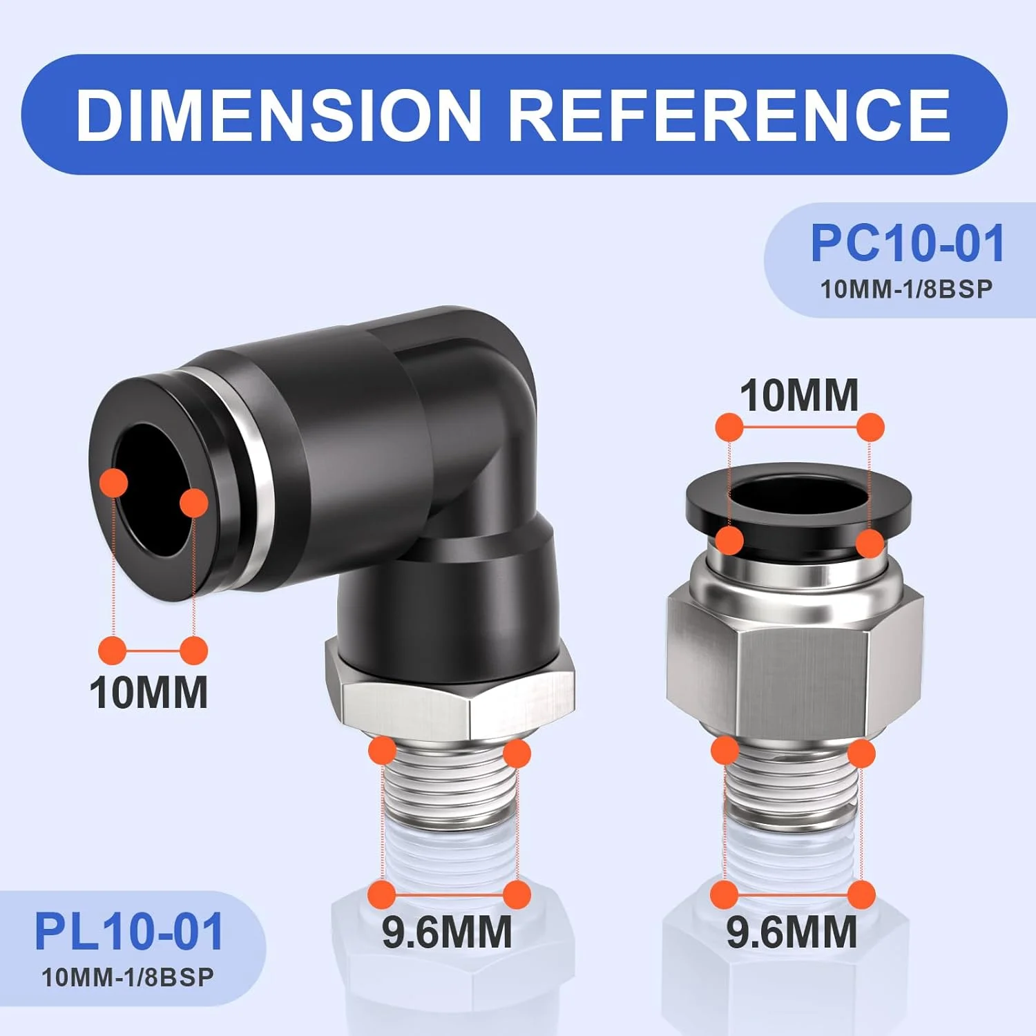 اتصالات پنوماتیک فشاری Bwintech، 10 عدد، لوله 10 میلی‌متری به رزوه 1/8 اینچ BSP نر، مستقیم و زانویی 90 درجه، مدل PL10-01/PC10-01، آداپتور خط هوای رهاسازی سریع