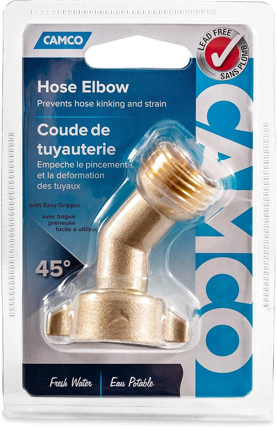 اتصال زانویی 45 درجه شلنگ Camco - فشار و کشیدگی را از اتصالات شلنگ ورودی آب RV از بین می برد، برنجی جامد (22605)