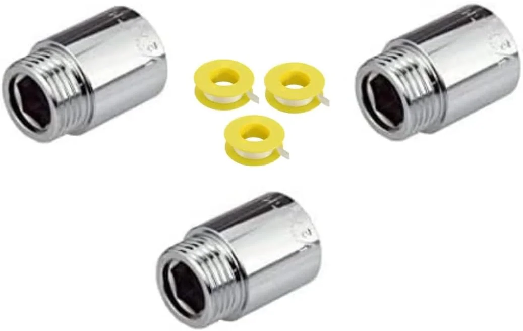 افزایش دهنده کروم نر به ماده 1/2 اینچ لوله استاندارد بریتانیا (BSP) سایزهای مختلف برای افزایش طول اتصالات - بسته 3 عددی (1/2x30MM) و 3 عدد نوار تفلون