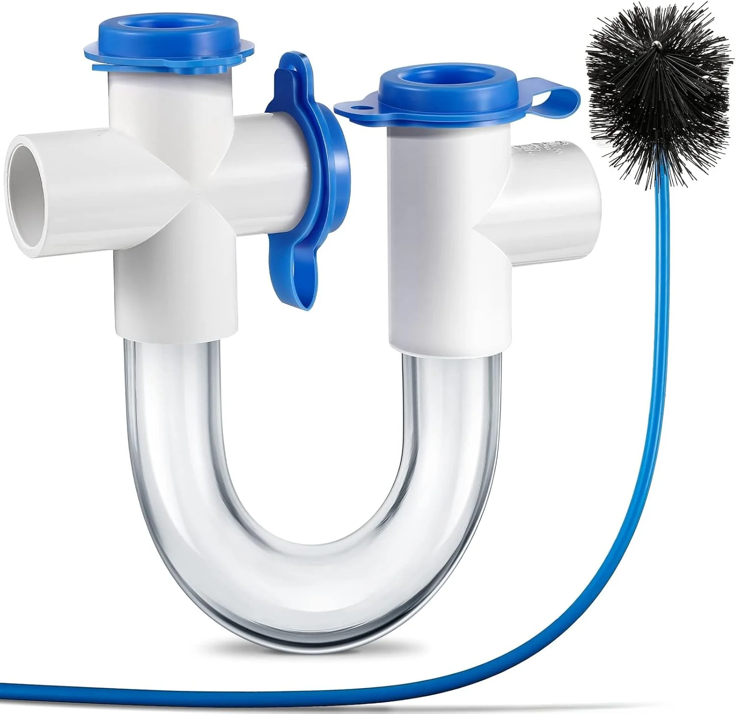 تله کندانس شفاف استاندارد 3/4 اینچی با برس تمیز کننده، تله U شفاف PVC با درگاه های تمیز کردن آسان، جزء ضروری برای سیستم های تهویه مطبوع HVAC، تخلیه موثر کندانس (1 بسته)