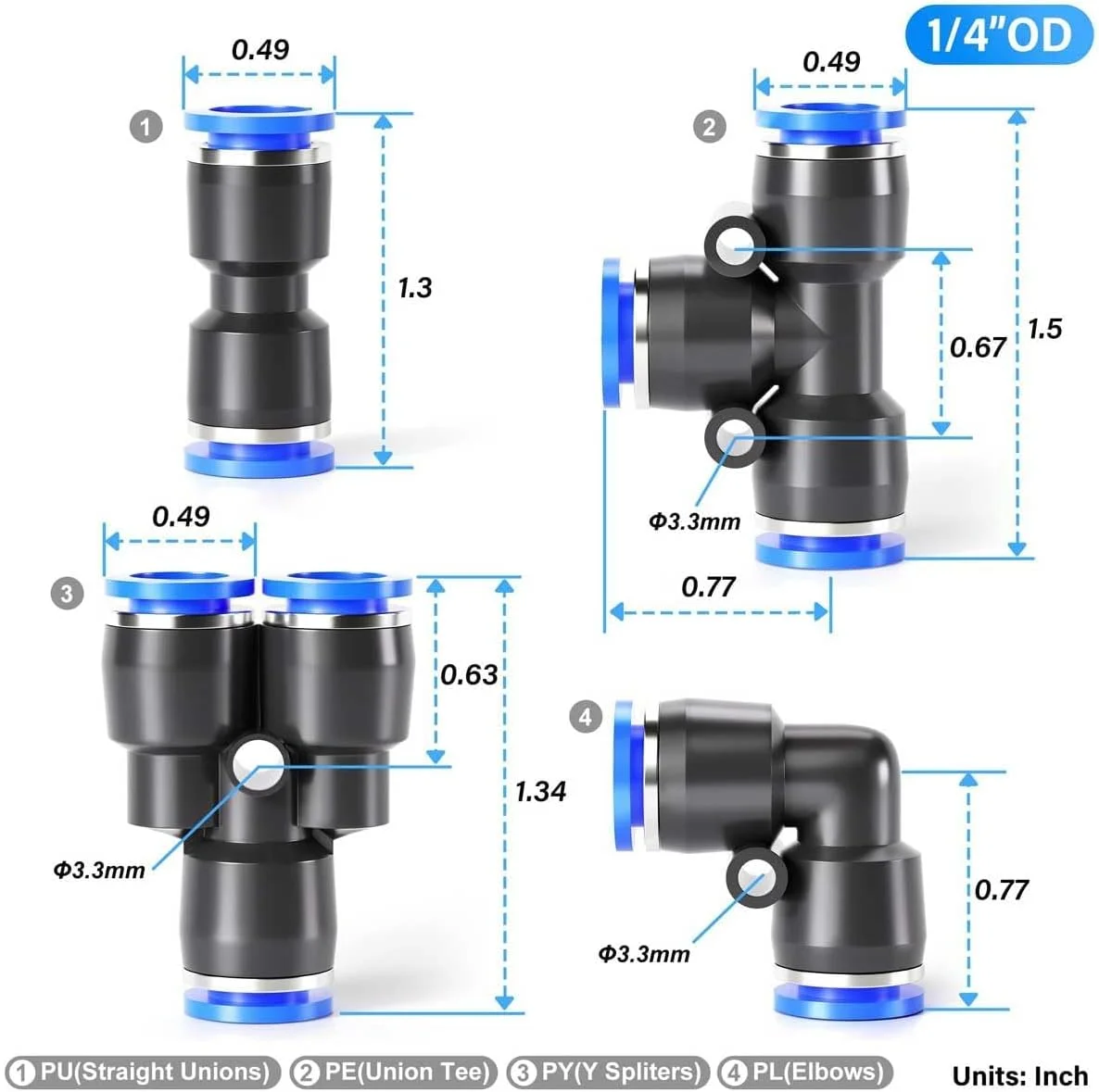 مجموعه اتصالات پنوماتیک 40 عددی، اتصالات فشاری 1/4 اینچ، شامل 10 عدد Y، 10 عدد زانویی، 10 عدد سه راهی و 10 عدد مستقیم