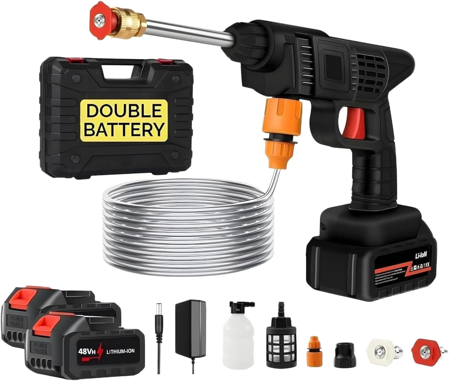 اسپری آب پرفشار 48 ولت 2 باتری - کارواش تفنگی با برد 5 متری، بی سیم، قابل حمل، برقی و پرفشار برای ماشین، دوچرخه، پاسیو، تمیز کردن کف و آبیاری باغ