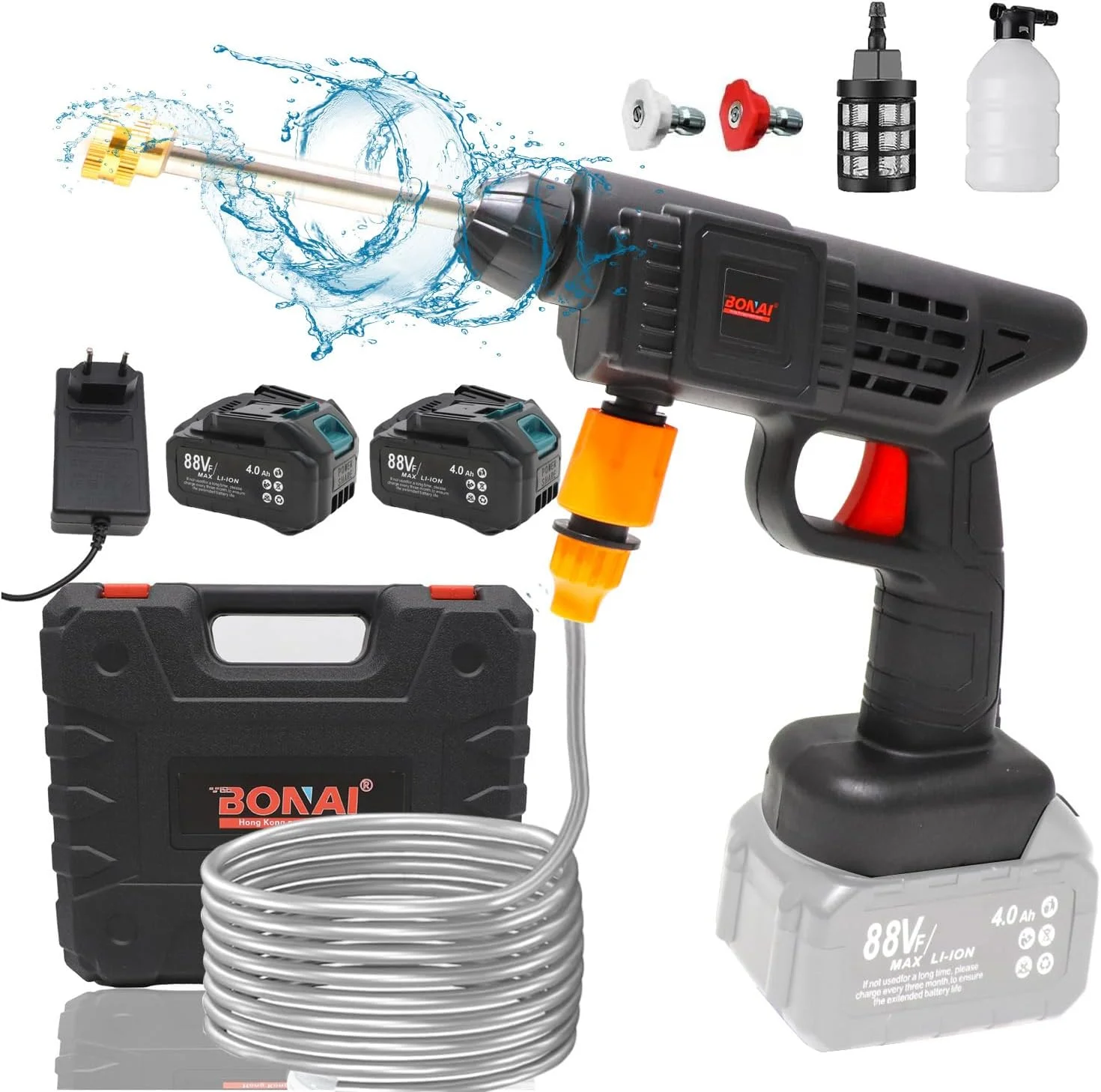 کارواش فشار قوی قابل حمل بی سیم 88 ولت - ایده آل برای شستشوی خودرو، خانه، موتور سیکلت، باغ و دوچرخه - همراه با لوازم جانبی کامل، شامل نازل فشار قوی و شلنگ 5 متری