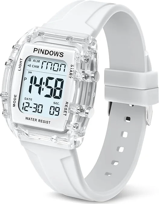 ساعت مچی دیجیتال ورزشی زنانه، ساعت مچی LED ضد آب مربعی با زنگ هشدار، کرنومتر، تایمر شمارش معکوس، نمایش زمان دوگانه، زنگ ساعتی، نور پس زمینه برای دختران نوجوان، دانشجویان، استفاده در فضای باز برای دویدن و پیاده روی (سفید)