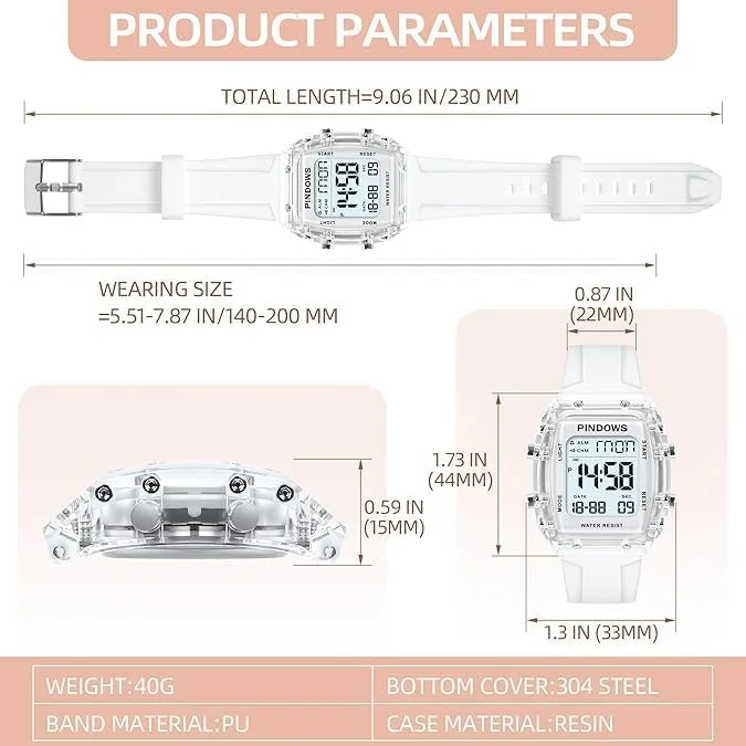 ساعت مچی دیجیتال ورزشی زنانه، ساعت مچی LED ضد آب مربعی با زنگ هشدار، کرنومتر، تایمر شمارش معکوس، نمایش زمان دوگانه، زنگ ساعتی، نور پس زمینه برای دختران نوجوان، دانشجویان، استفاده در فضای باز برای دویدن و پیاده روی (سفید)