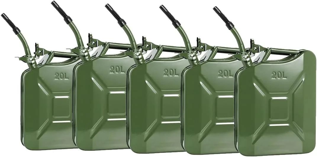 RACO Gas Can Fuel Cans and Spout System Fuel Power Emergency Backup Tank with Flexible Spout Metal Steel for Cars Trucks Equipment Station Pack of 5 (METAL 20 L)