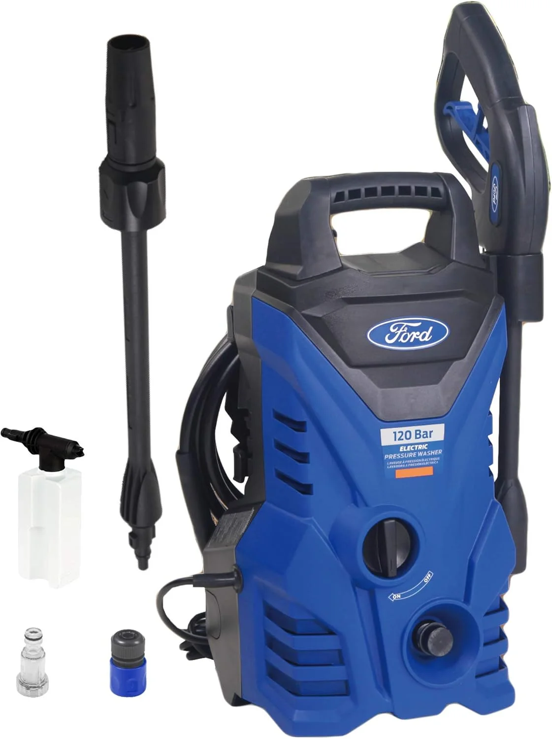کارواش برقی 120 بار فورد با شلنگ 5 متری و مخزن مواد شوینده، طراحی جمع و جور 1500 وات، کارواش مناسب خودرو، خانه و باغ، آبی، F2.1